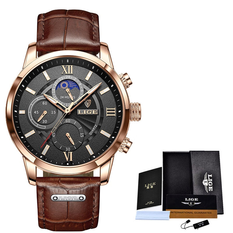 LIGE Men Watches 2022 New Fashion Leather Waterproof Luminous Top Brand Luxury Mens Quartz Wristwatch Men Relogio Masculino+box