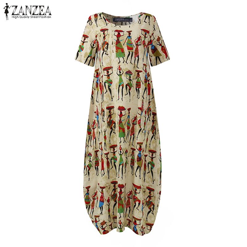 Women's Summer Sundress ZANZEA Stylish Cartoon Print Maxi Dress Casual Short Sleeve Tunic Vestidos Female O Neck Robe Oversize