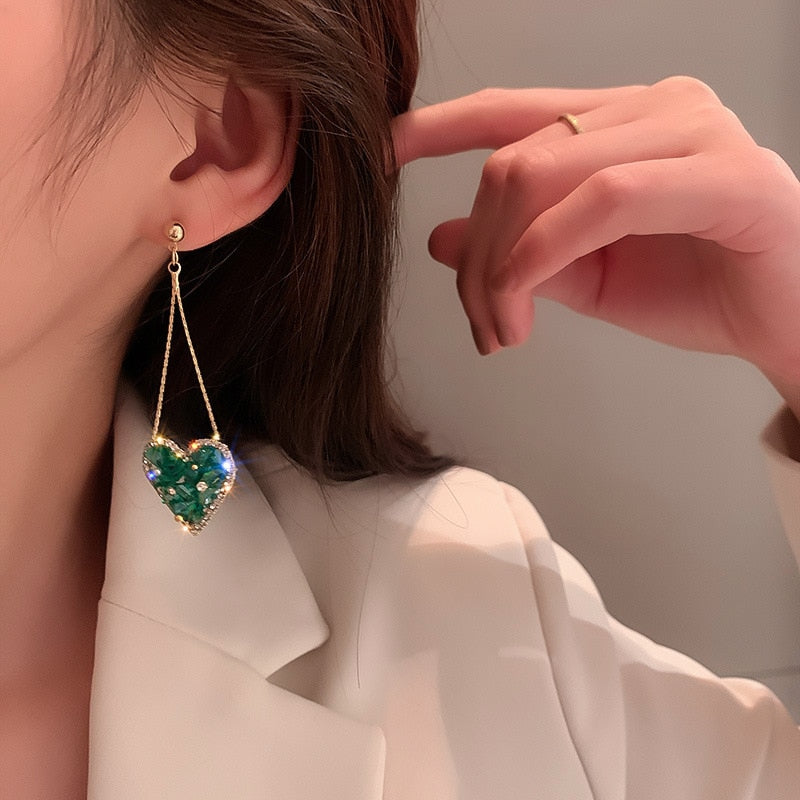 Style Restoring Ancient Ways Green Heart-shaped Earrings Long Tassels Eardrop Contracted Luxury Jewelry Earring Women