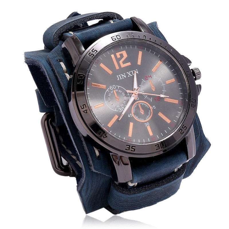 Mens Quartz Watches Jessingshow Luxury Wristwatch 2022 Cowhide Watchband Punk Style Watch for Men Wide Genuine Leather Bracelets