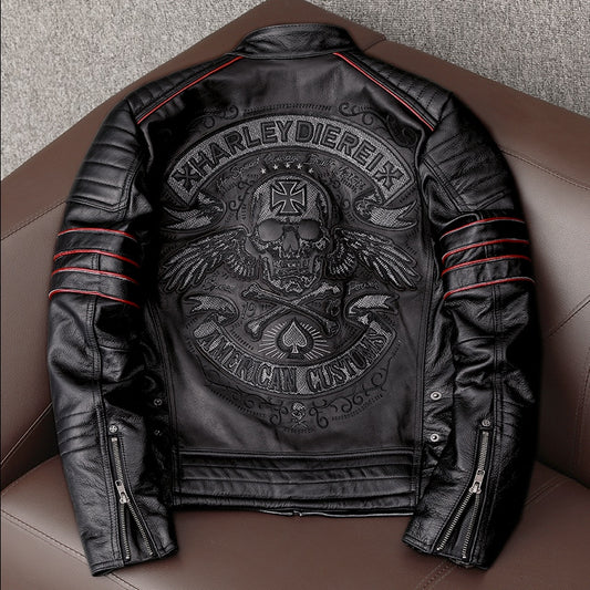 Men's Spring Original Leather Motorcycle Jacket 2022 Skull Embroidery Top Layer Cowhide Clothing Slim Fit Black Slim Male Coat
