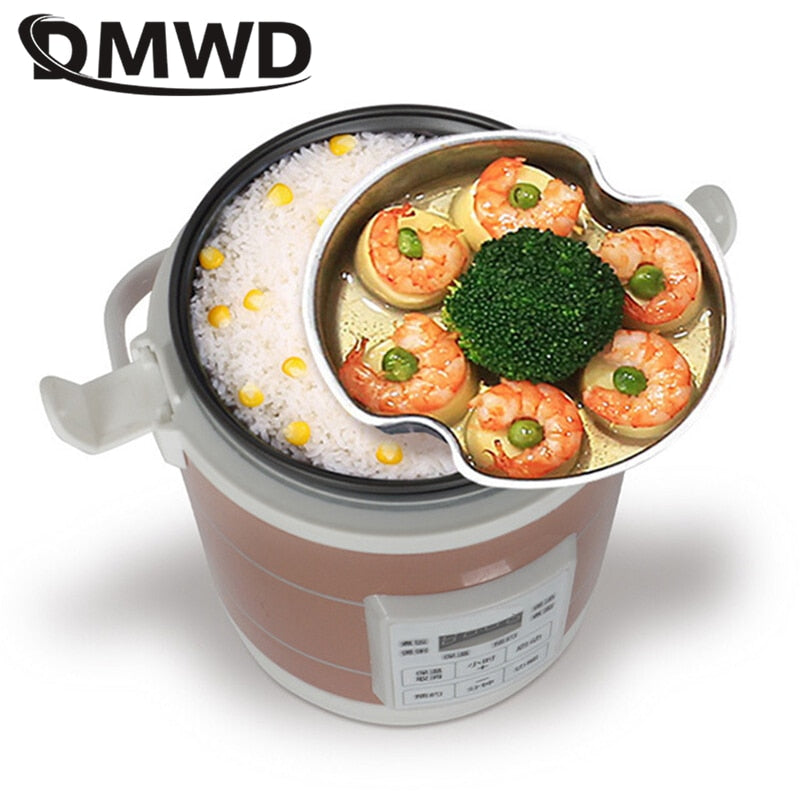 DMWD 12V 24V หม้อหุงข้าวขนาดเล็ก 1.6L รถบรรทุกไฟฟ้าซุปโจ๊กเครื่องทำอาหารนึ่งอาหารอุ่นกล่องอาหารกลางวันความร้อนอย่างรวดเร็ว