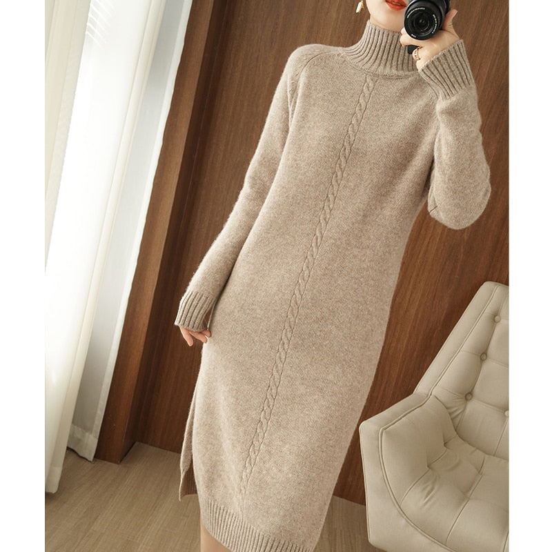 2020Thick Dress Warm 100%Wool Long Sweater Women Autumn Winter High-Neck Over-The-Knee Cashmere Knit Dress Large Size Base Shirt