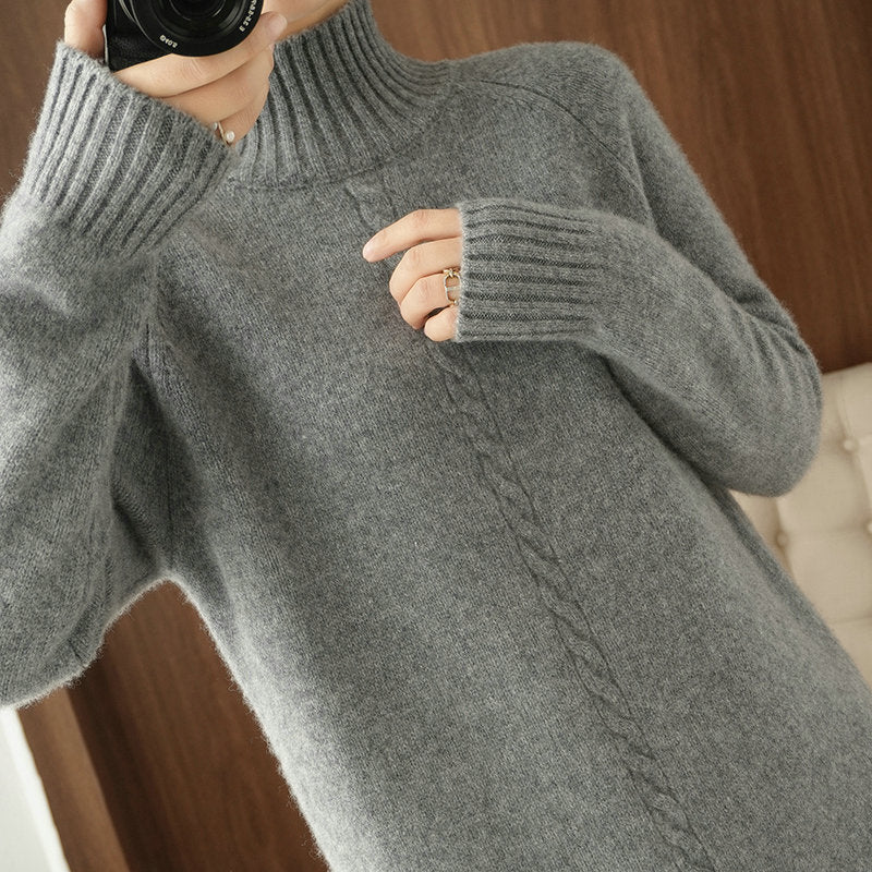 2020Thick Dress Warm 100%Wool Long Sweater Women Autumn Winter High-Neck Over-The-Knee Cashmere Knit Dress Large Size Base Shirt