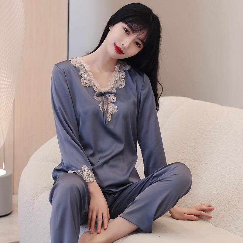 Lace Pj's 2PCS Sleepwear Women Satin Pajamas Suit Summer Pyjamas Casual Intimate Lingerie Long Sleeve Shirt&Pants Lounge Wear