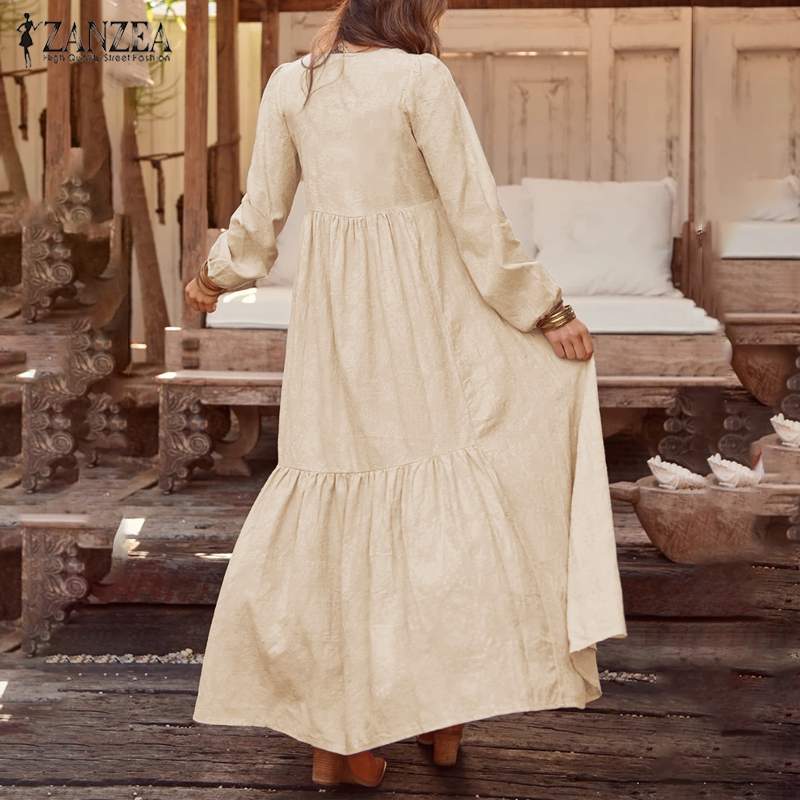 Bohemian Shirt Dress Women's Maxi Sundress ZANZEA 2023 Spring Elegant Casual V Neck Ruflle Vestido Female Long Sleeve Tunic Robe