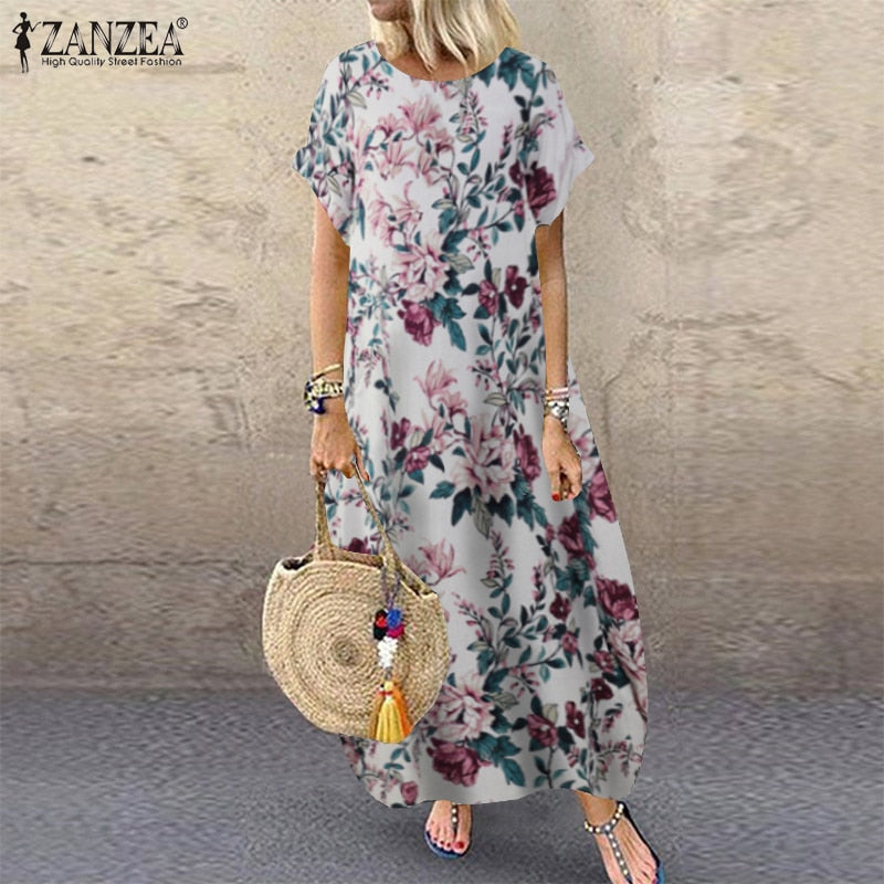 ZANZEA 2023 Fashion Summer Beach Dress Women's Printed Sundress Casual Short Sleeve Maxi Vestidos Female Floral Robe Oversized