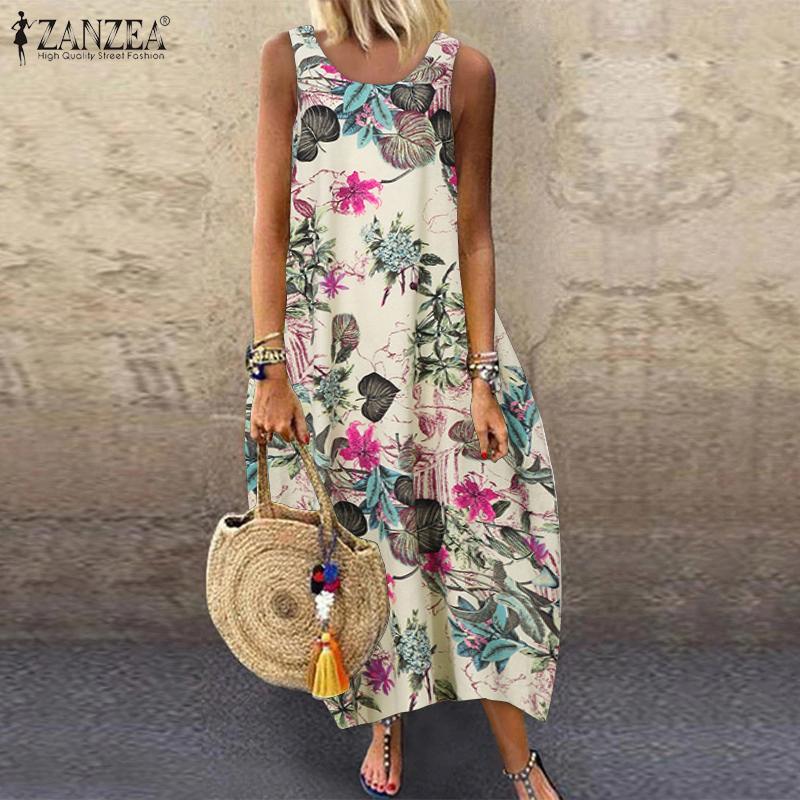 ZANZEA Summer Women Vintage Sleeveless Dress Floral Printed Long Dress Cotton Sundress Baggy Beach Vestido Sarafans  7