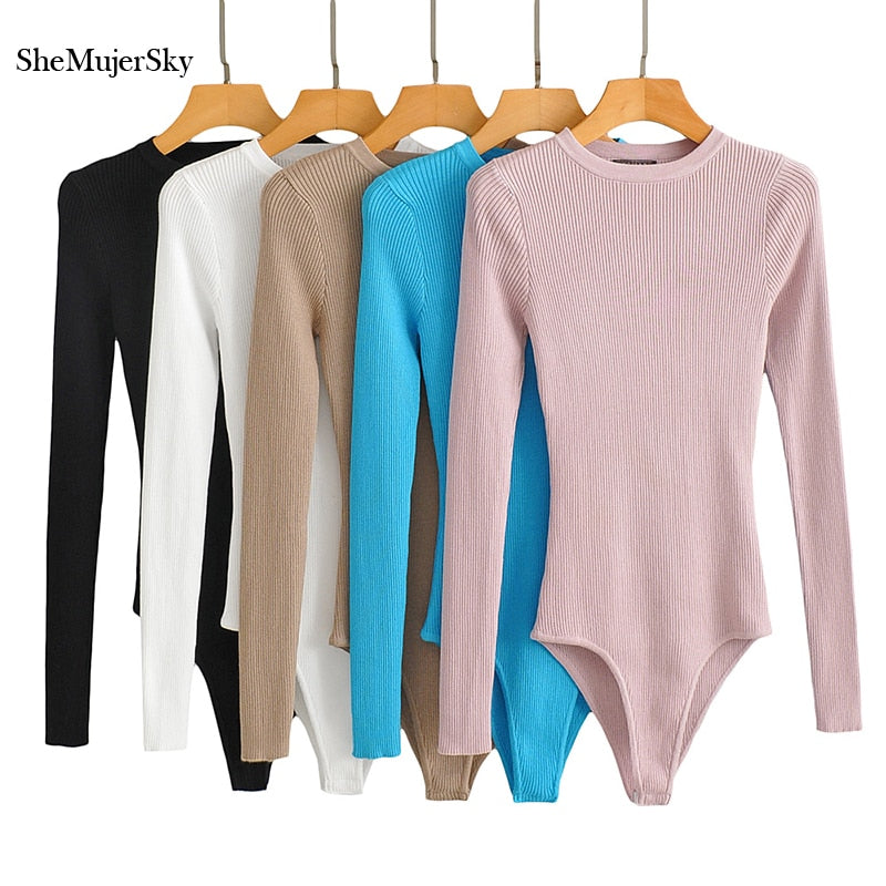 AA001 ชุดสตรี Bodysuits  Women Knitted Solid Color Bodysuit Tops Elastic Slim