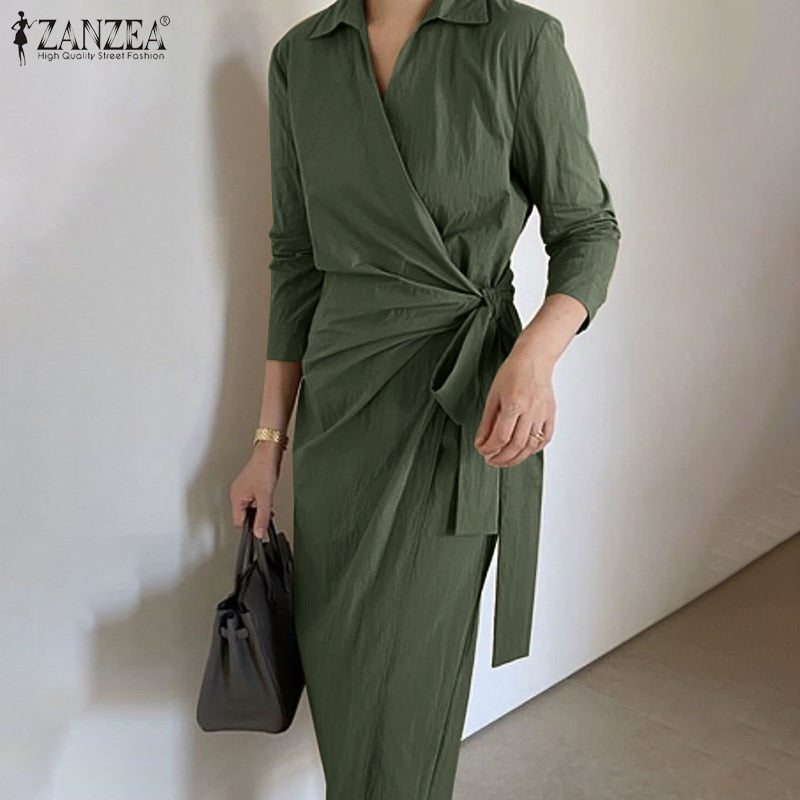 ZANZEA 2023 Stylish Maxi Dress Womens Spring Sundress Casual 3/4 Sleeve OL Style Vestidos Female Lapel Robe Belted Oversized