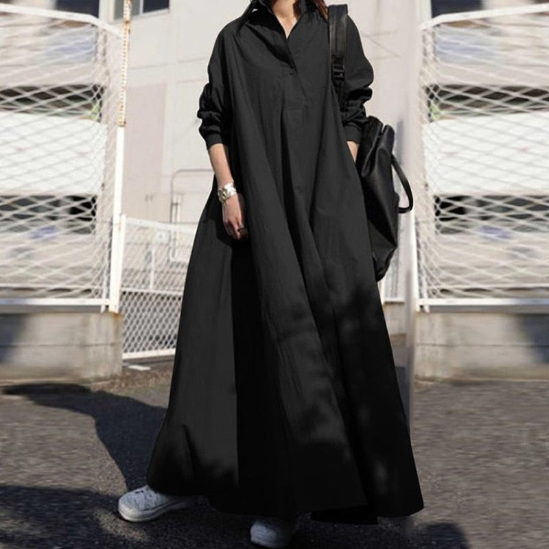 Vintage Ethnic Style Cotton Linen Casual Loose Maxi Party Dress Turn-down Collar Buttons Long Sleeve Dress Women Plus Size Dress