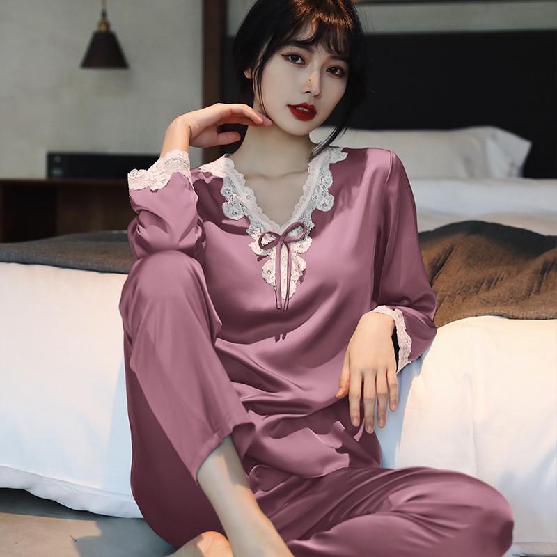 Lace Pj's 2PCS Sleepwear Women Satin Pajamas Suit Summer Pyjamas Casual Intimate Lingerie Long Sleeve Shirt&Pants Lounge Wear