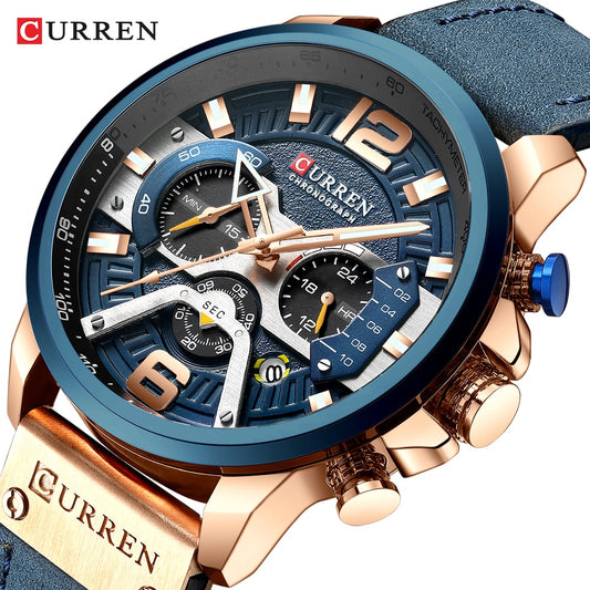 CURREN Casual Sport นาฬิกาสำหรับผู้ชายแบรนด์หรูทหารนาฬิกาข้อมือหนังผู้ชายนาฬิกาแฟชั่น Chronograph นาฬิกาข้อมือ