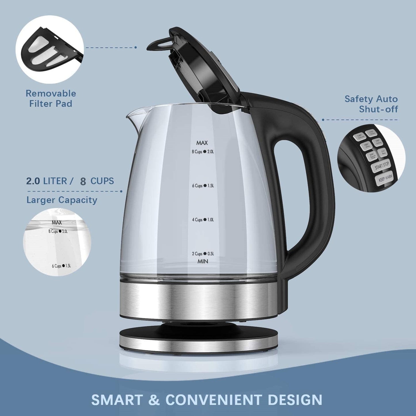 DEVISIB Electric Kettle 2.0L Glass Tea Coffee Hot Water Boiler LED Indicator Auto Shut-Off &amp; Boil-Dry Protection Matte Black