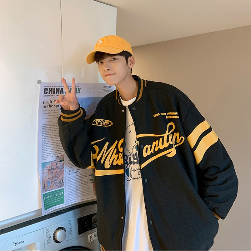 Letter Patchwork Jackets Men Single Breasted Harajuku Couples Baseball Jacket Coats College Baggy Outwear Casual Mens Clothing