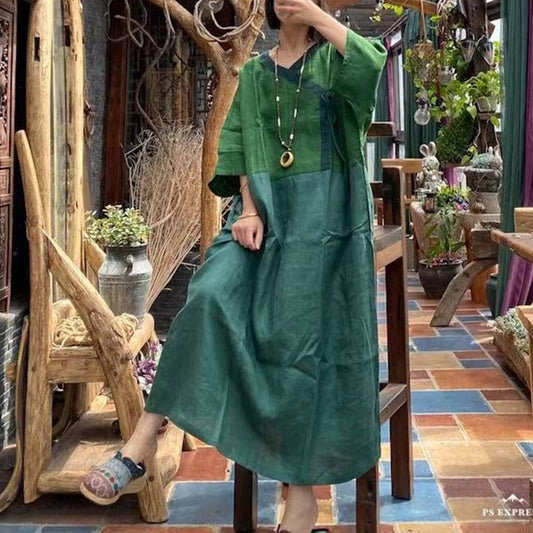 Johnature Linen Patchwork Women Vintage Belt Dresses Chinese Style V-Neck Three Quarter Sleeve Loose 2023 Summer Dresses