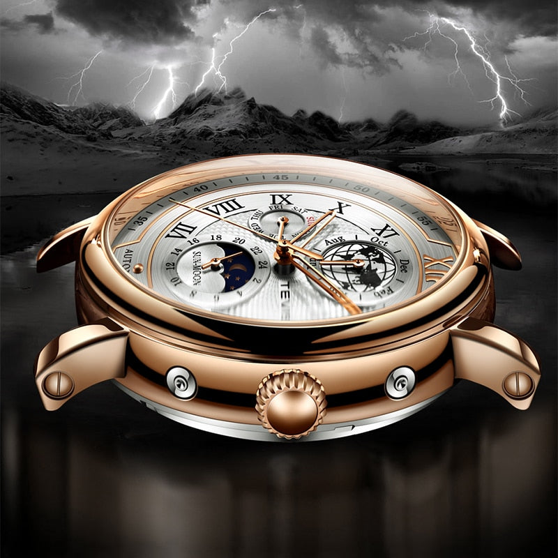 2022 TEVISE Business Waterproof Mens Mechanical Watches Top Brand Luxury Leather Watch For Men Moon Phase Automatic Wristwatch