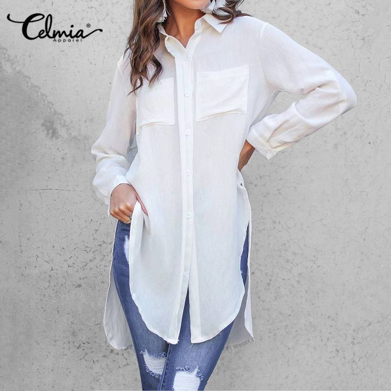 Celmia ผู้หญิงเสื้อสีขาว 2023 ฤดูร้อน Lapel อสมมาตรแยกยาว Tunic Tops Casual Oversize เสื้อ Elegant Office Blusas