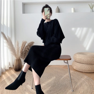 2021 New Fall/Winter Bat Sleeve O-Neck Soft Sweater  + Women's Knitted Vest Long Dress Two-Piece Dress Sets Femme