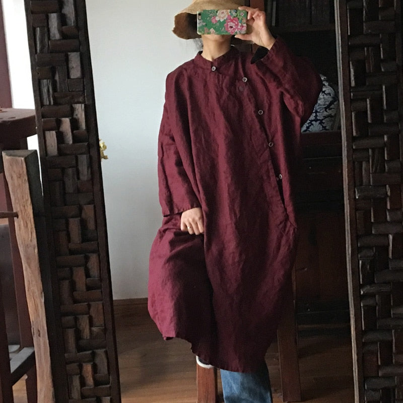 Johnature Women Linen Chinese Style Dress Stand Long Sleeve 2023 Spring New Robes Solid Color Original Women Button Dress