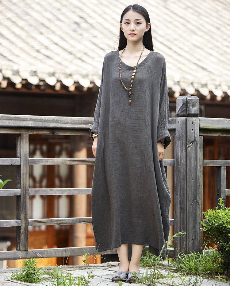 Linen dress big size Batwing Cotton Women Long Dress Oversized Zen style Solid Robe ete 2021 Femme Gown Loose Casual Maxi Dress