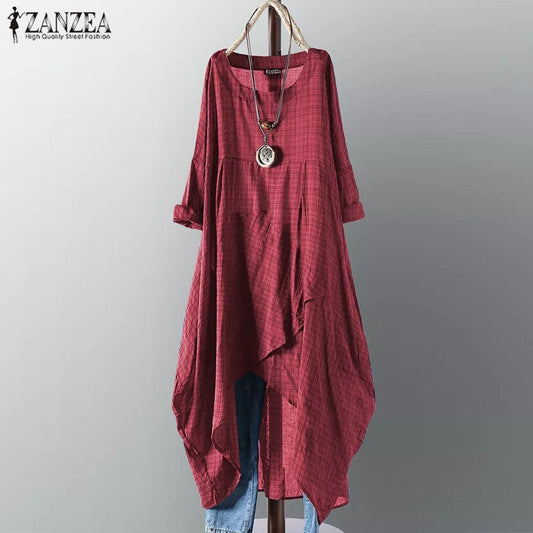 ZANZEA ชุดสตรีไม่สมมาตร Midi ชุดตรวจสอบ 2023 หญิงแขนยาวลายสก๊อต Vestidos ฤดูร้อน Sundress เสื้อเชิ้ตลำลอง