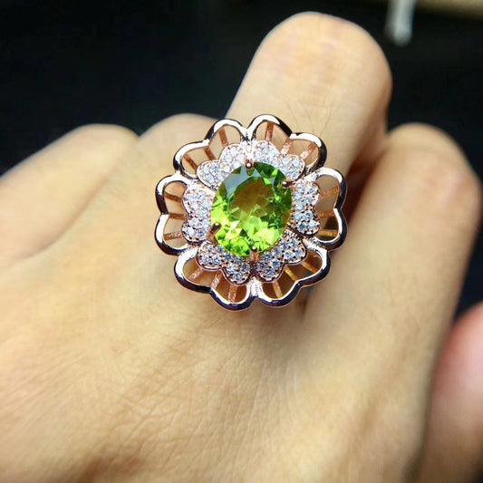 Natural green peridot Ring S925 Silver Natural Gemstone Luxury big sunflowers Ring surround Women&#39;s party gift Rings Jewelry