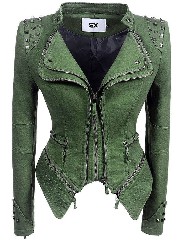 SX Gothic Grey PUNK Rivet Jackets Women Denim Jacket Spring Winter Zipper Motorcycle Outerwear