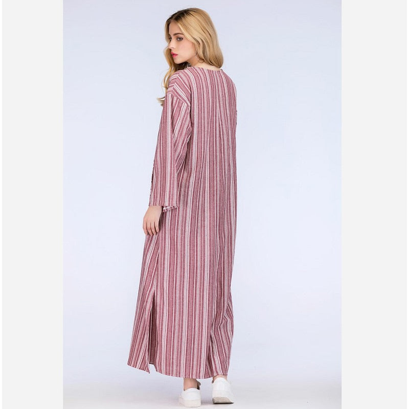 Womens Cotton Linen Dress Big size 5XL large size Kaftan Long Sleeve 2022 Summer Striped Women Large Size Long Maxi Boho Dresses