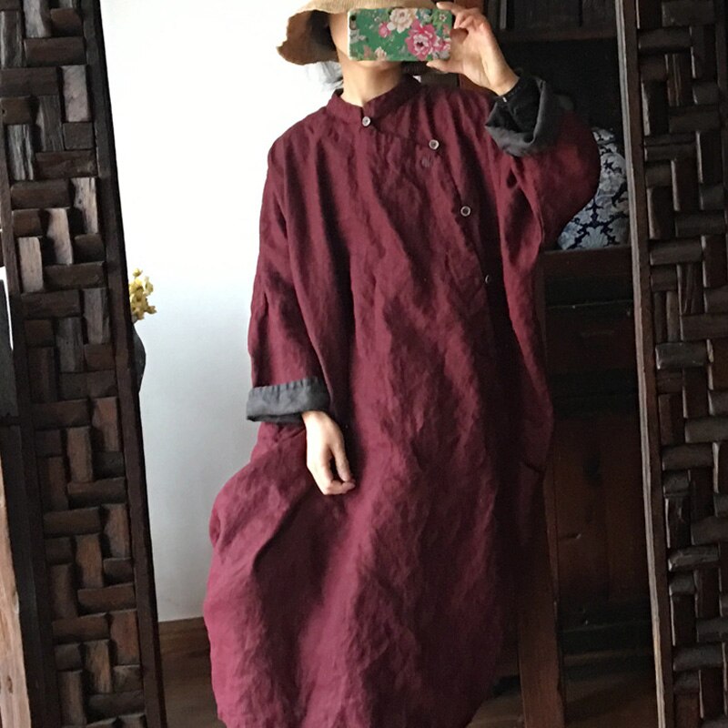 Johnature Women Linen Chinese Style Dress Stand Long Sleeve 2023 Spring New Robes Solid Color Original Women Button Dress