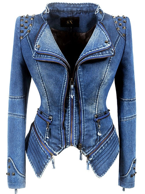 SX women 2019 spring autumn denim rivet punk Short Slim fit jacket motorcycle Windbreaker zipper outerwear