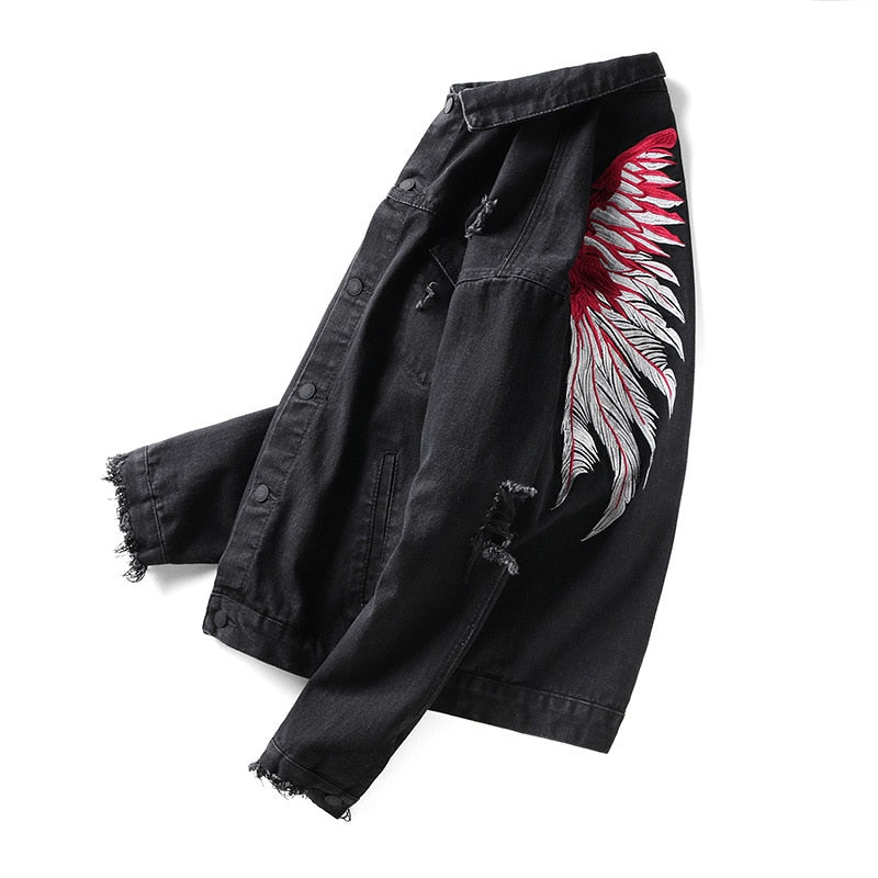 Men Brand Black Hole Distressed Denim Jackets Mens High Street Wing Embroidery Jeans Jacket Coat Men Hip Hop Streetwear GW359