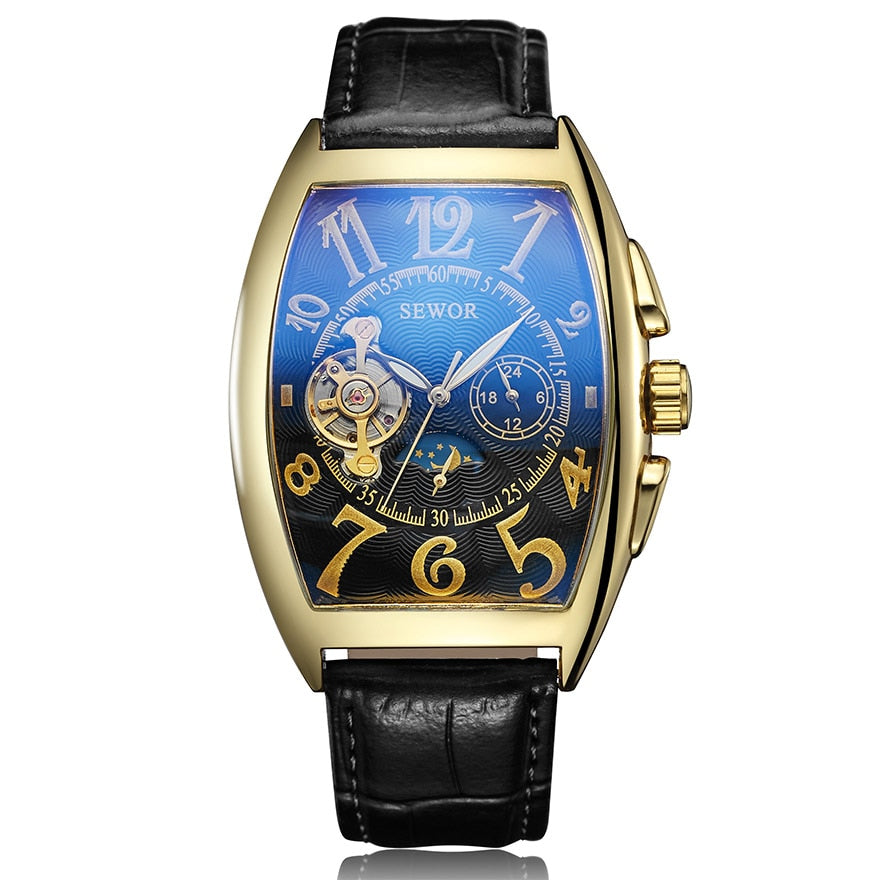 Luxury Automatic Mechanical Watches Men Moon Phase Skeleton Retro Self Winding Wristwatch Male Gold Case Clock Leather Watches