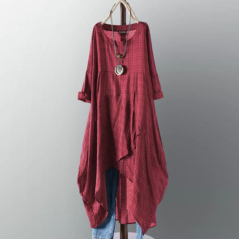 ZANZEA Asymmetrical Midi Dress Womens Check Dress 2023 Female Long Sleeve Plaid Vestidos Summer Sundress Casual Shirt Robe