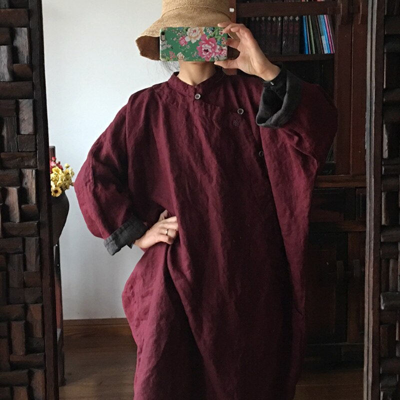 Johnature Women Linen Chinese Style Dress Stand Long Sleeve 2023 Spring New Robes Solid Color Original Women Button Dress