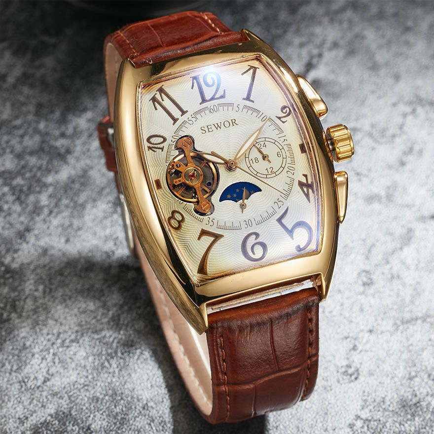 Luxury Automatic Mechanical Watches Men Moon Phase Skeleton Retro Self Winding Wristwatch Male Gold Case Clock Leather Watches
