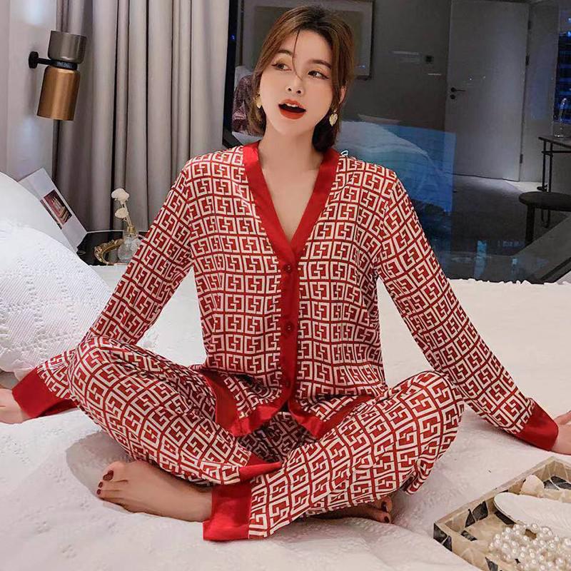 Lace Pj's 2PCS Sleepwear Women Satin Pajamas Suit Summer Pyjamas Casual Intimate Lingerie Long Sleeve Shirt&Pants Lounge Wear