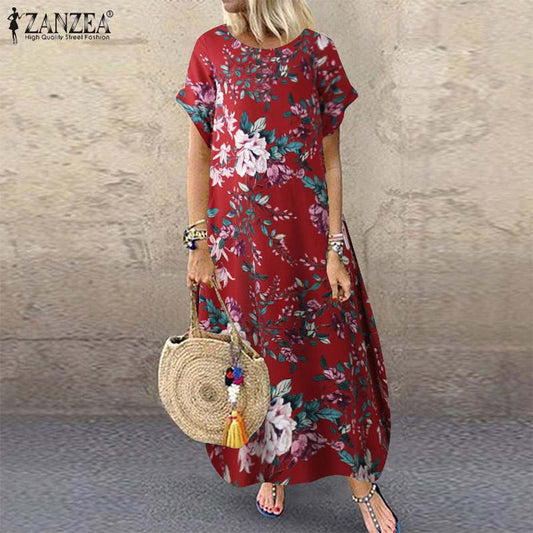 ZANZEA 2023 แฟชั่นฤดูร้อนชุดชายหาดของผู้หญิงพิมพ์ Sundress ลำลองแขนสั้น Maxi Vestidos หญิงเสื้อคลุมดอกไม้ขนาดใหญ่
