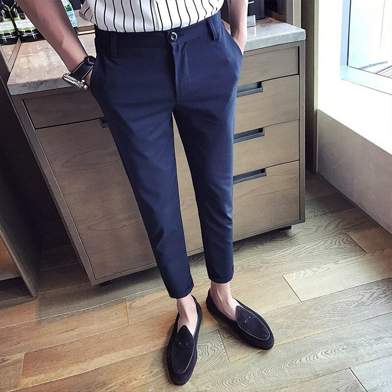 New Casual White Mens Pants Nine-point Trousers Feet Slim Breathable Comfortable High Quality Male Brand Business Pants