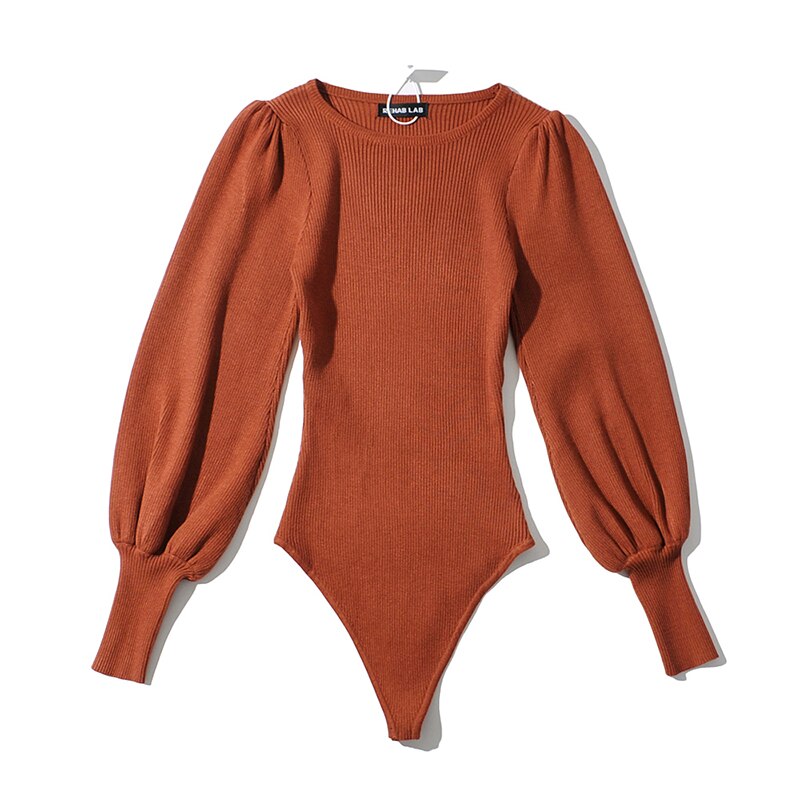 SheMujerSky Women Knitted Solid Color Bodysuits Puff Sleeve Elastic Slim Jumpsuits 2021 Long Sleeve Bodysuit