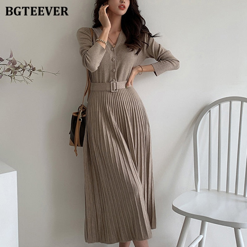 BGTEEVER Elegant V-neck Single-breasted Women Thicken Sweater Dress 2021 Autumn Winter Knitted Belted Female A-line soft dresses