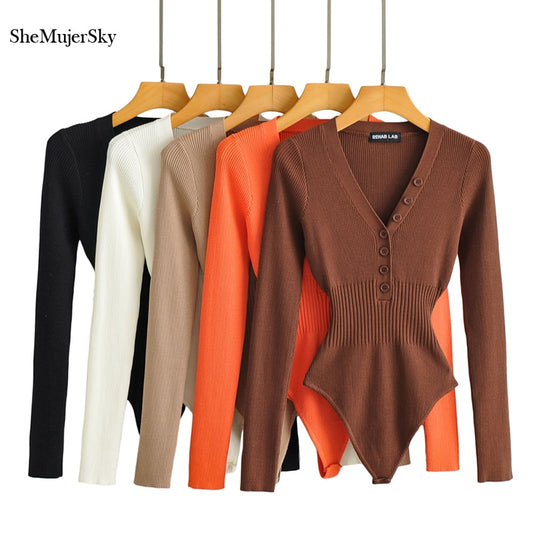 SheMujerSky Women Long Sleeve V-neck Buttons Bodysuit Solid Color Elastic Slim Waist Jumpsuits 2021 Sexy Tops