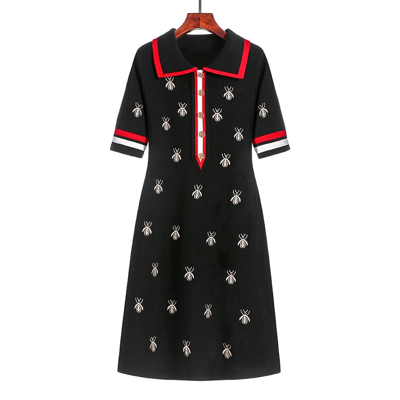 2022 Spring Summer Knit Cartoon Embroidered Polo Dress Woman Plus Size Black Casual Knee-length Straight Dresses Female