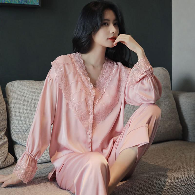 Lace Pj's 2PCS Sleepwear Women Satin Pajamas Suit Summer Pyjamas Casual Intimate Lingerie Long Sleeve Shirt&Pants Lounge Wear