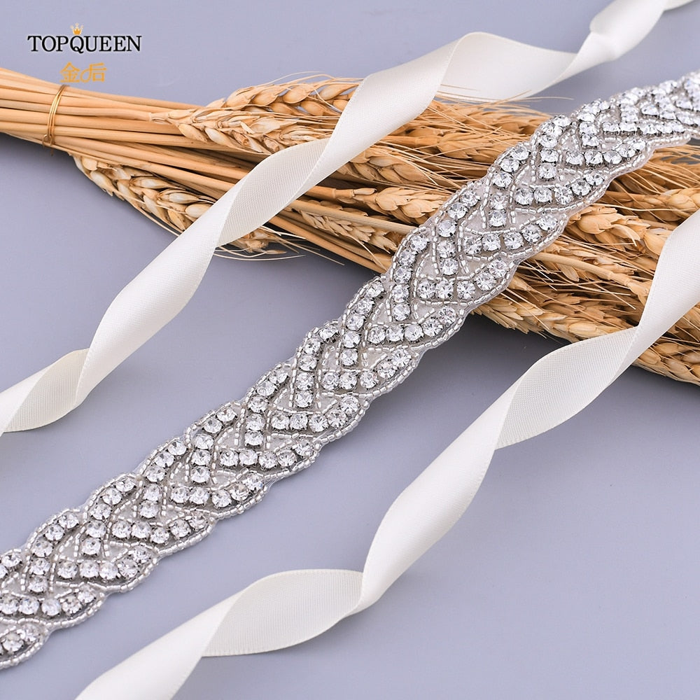 TOPQUEEN S216 Women&#39;s Rhinestones Belt Handmade Wedding Dresses Belt Marriage Bridal Ribbion Belts Wedding Bride Sash Party Belt