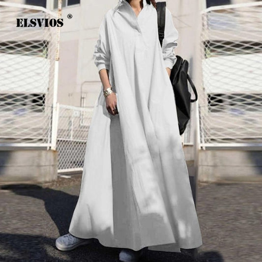 Vintage Ethnic Style Cotton Linen Casual Loose Maxi Party Dress Turn-down Collar Buttons Long Sleeve Dress Women Plus Size Dress