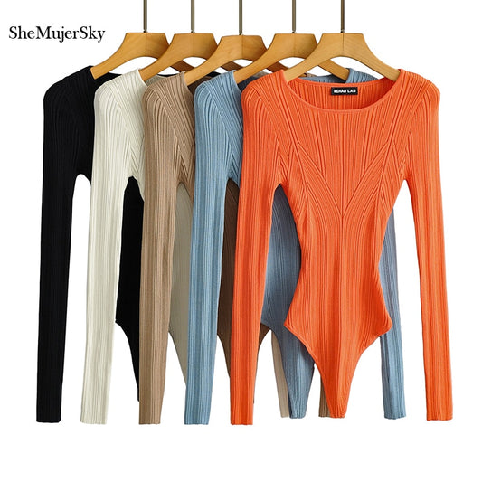 SheMujerSky Women Long Sleeve Knitted Elastic Slim Bodysuits 2021 O-neck Casual Spring Autumn Jumpsuits Tops