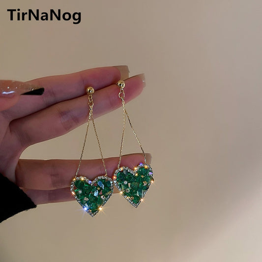 Style Restoring Ancient Ways Green Heart-shaped Earrings Long Tassels Eardrop Contracted Luxury Jewelry Earring Women