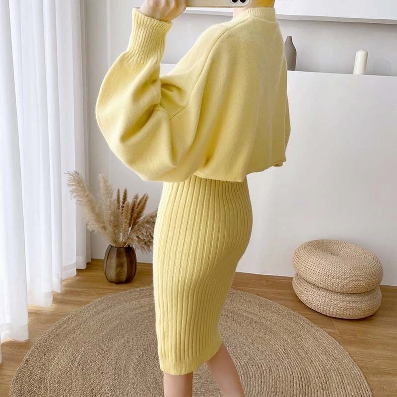 2021 New Fall/Winter Bat Sleeve O-Neck Soft Sweater  + Women's Knitted Vest Long Dress Two-Piece Dress Sets Femme
