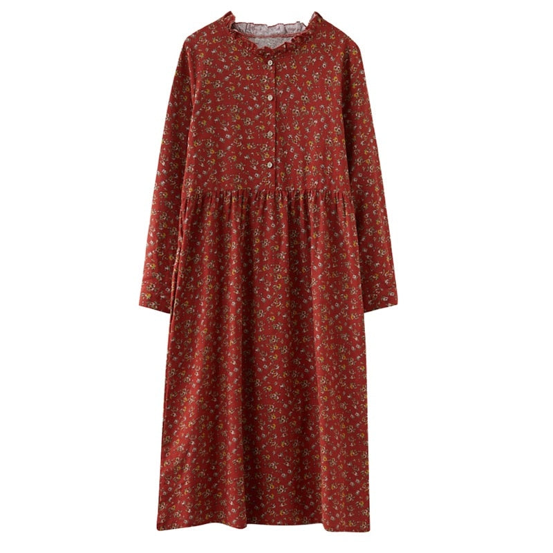 long sleeve cotton linen ruffle vintage floral dresses for women casual loose woman spring autumn dress elegant clothing 2022